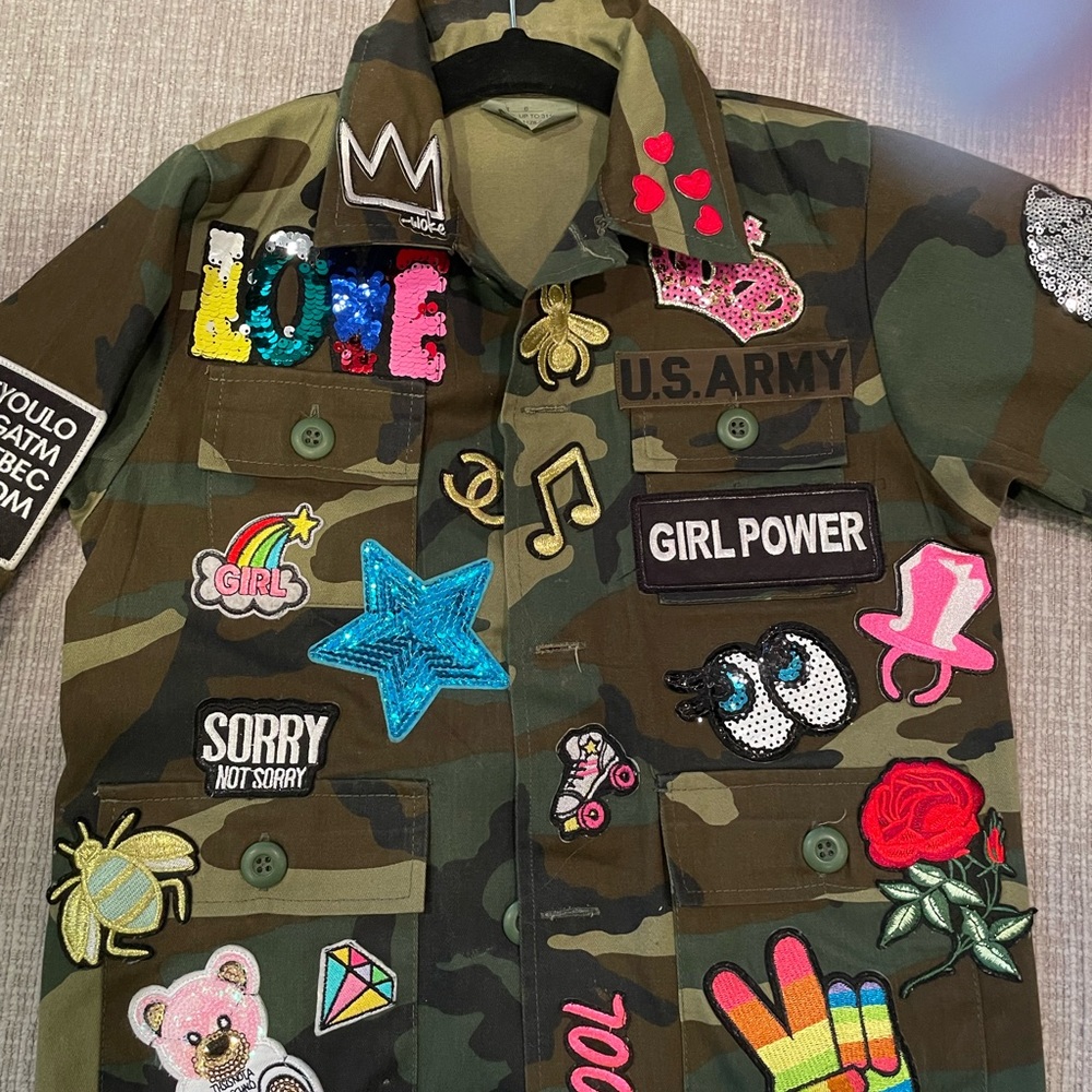 Girls Custom Made, One of a Kind, Army Fatigue Jacket with patches sewn down.